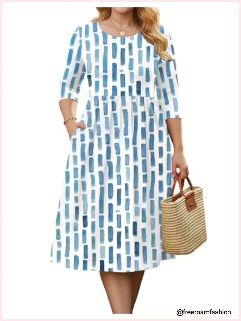 Plus Size 3/4 Sleeve Midi Dress with Pockets Casual Flowy A-Line Boho